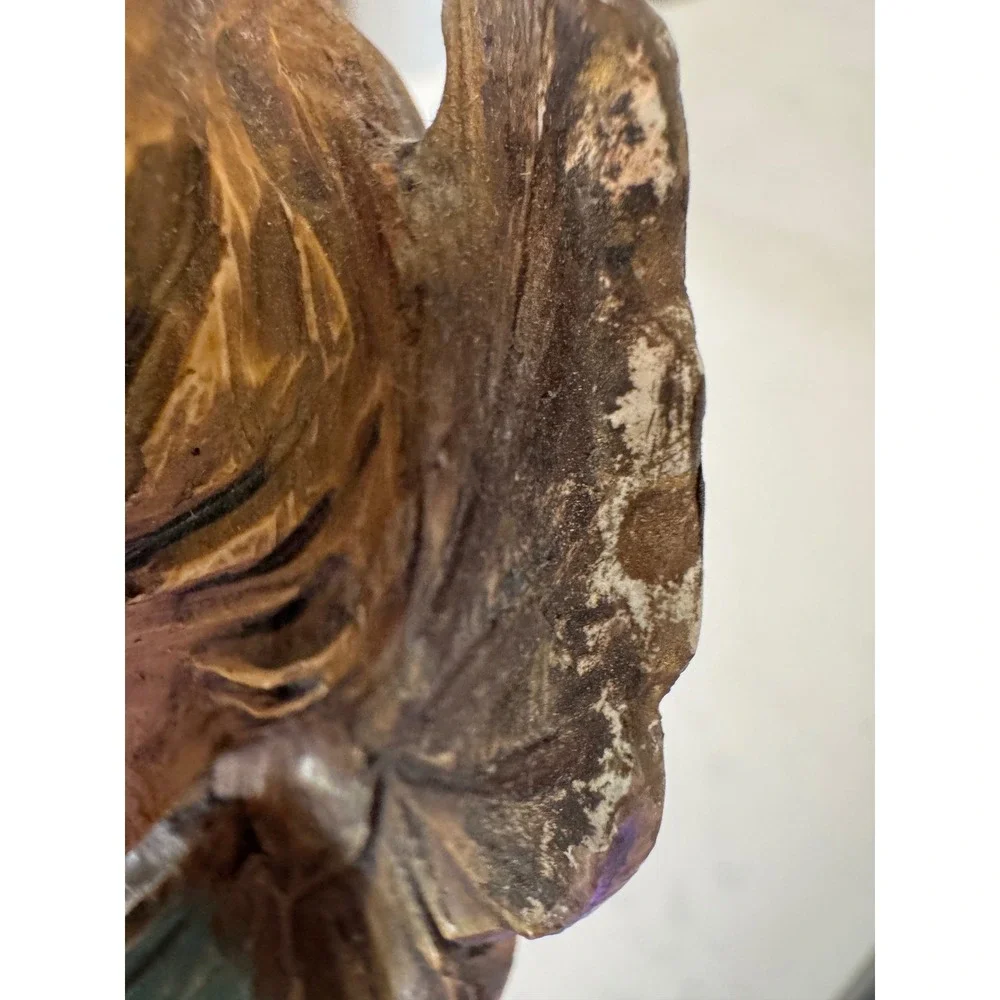 Vintage Hand Painted Angel Figurine Taper Candle Holder Rustic Wood Look Cherub